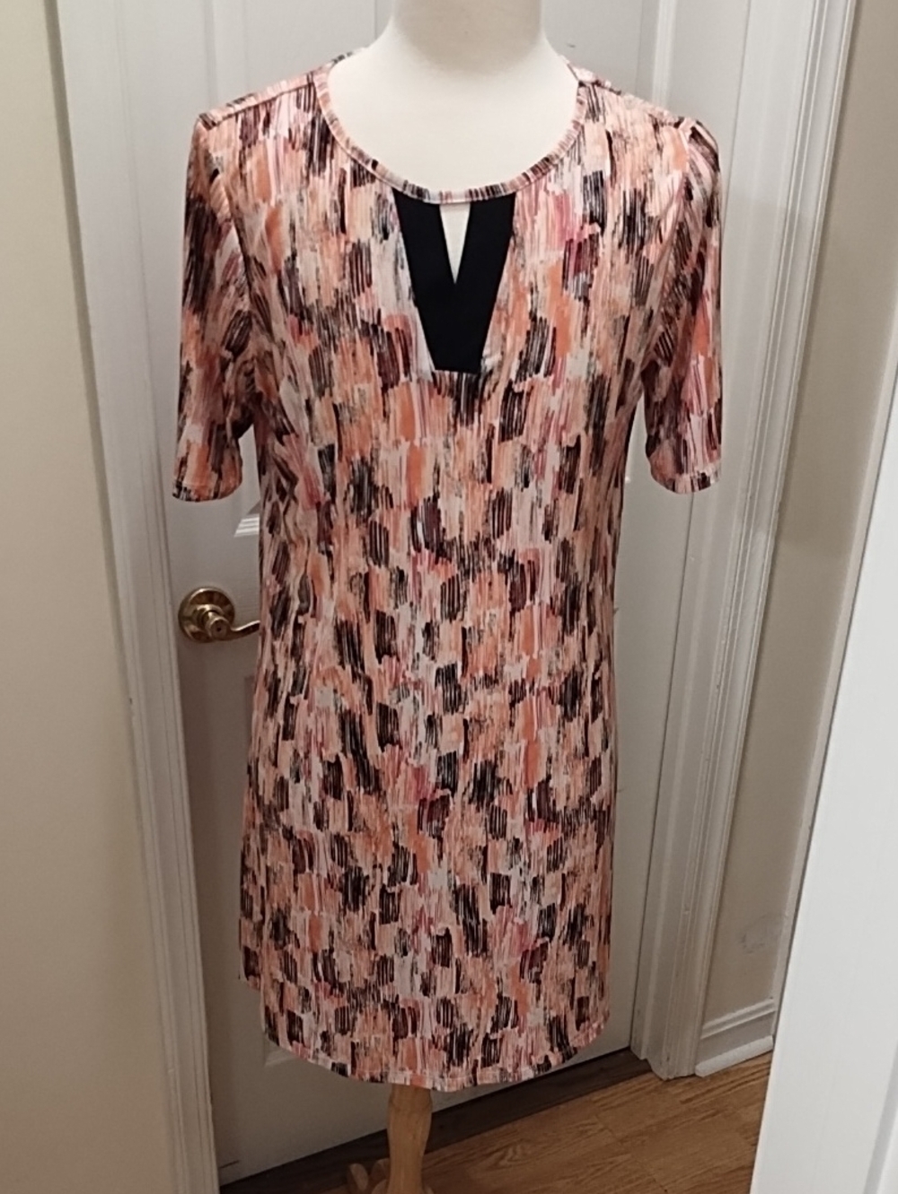Christopher & Banks Peach and Black Printed Midi Dress